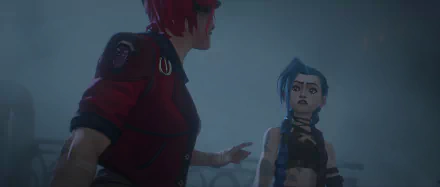 HD wallpaper from the TV show Arcane, featuring two characters in an intense moment, with a misty background adding a dramatic atmosphere.