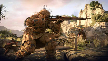 HD desktop wallpaper featuring a scene from Sniper Elite III, showing a sniper in camouflage aiming a rifle in a rugged, mountainous landscape.
