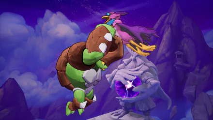 HD wallpaper featuring characters from the video game Rivals 2 in an action scene with a mountainous, purple landscape background.