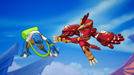 HD desktop wallpaper and background featuring two dynamic characters from the video game Rivals 2 mid-action against a vivid blue sky.