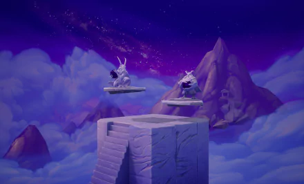 HD desktop wallpaper featuring a scene from the video game Rivals 2. The image depicts two white statues on platforms in a mystical, mountainous and cloud-filled landscape under a starry purple sky.