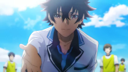 A character from I Got a Cheat Skill in Another World and Became Unrivaled in The Real World Too reaches out against a vibrant blue sky, set as a high-definition desktop wallpaper.