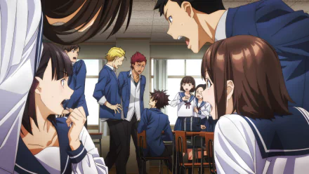 HD wallpaper of an anime scene from “I Got a Cheat Skill in Another World and Became Unrivaled in The Real World Too,” featuring students in a classroom engaged in a lively discussion.