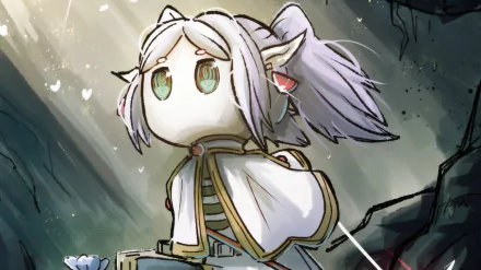 An HD wallpaper featuring Frieren from the anime Frieren: Beyond Journey's End. The character is drawn in an art style with soft colors and detailed shading, conveying a fantastical atmosphere.