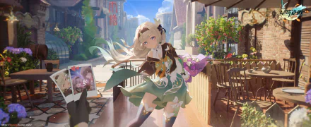 2K Quad HD PC desktop wallpaper background: Firefly (Honkai: Star Rail), a girl from the video game Honkai: Star Rail, posed on a sunlit balcony surrounded by flowers.