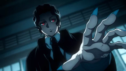 HD anime desktop wallpaper featuring Muzan Kibutsuji from Demon Slayer: Kimetsu no Yaiba with glowing red eyes and an outstretched hand in a dark, intense scene.