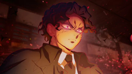 HD anime desktop wallpaper featuring Tanjiro Kamado from Demon Slayer: Kimetsu no Yaiba with intense glowing eyes and dark atmospheric background.