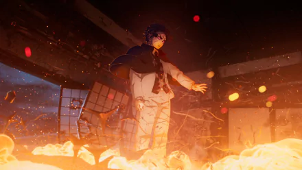 HD anime wallpaper featuring Muzan Kibutsuji from Demon Slayer: Kimetsu no Yaiba, depicted in a fiery, intense scene with glowing embers enhancing the dramatic atmosphere.