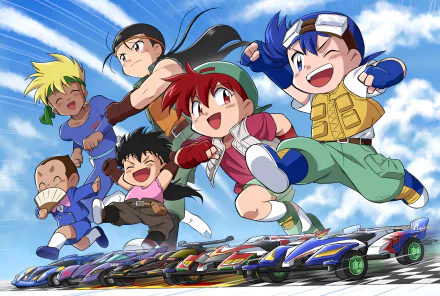 HD desktop wallpaper featuring characters from the anime Bakusō Kyōdai Let's & Go!! running with enthusiasm in a vibrant, action-packed scene with miniature cars racing below.