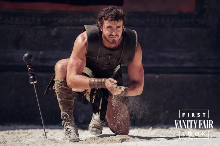 A captivating HD desktop wallpaper from Gladiator II showing a warrior in battle gear kneeling, holding sand with intense determination, tagged as a first look by Vanity Fair.