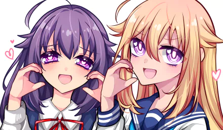 HD anime desktop wallpaper featuring characters from My Deer Friend Nokotan, showcasing two smiling girls with vibrant purple eyes and school uniforms.