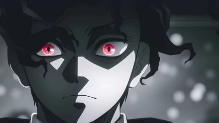 Close-up 4K Ultra HD anime wallpaper of Muzan Kibutsuji from Demon Slayer: Kimetsu no Yaiba, featuring striking red eyes in the Hashira Training Arc scene.