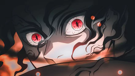 Close-up 4K Ultra HD anime wallpaper of Muzan Kibutsuji from Demon Slayer: Kimetsu no Yaiba - Hashira Training Arc, featuring intense red eyes and dark swirling shadows.