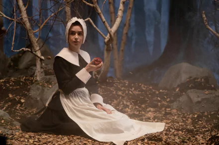HD desktop wallpaper of Lily Collins in the movie Maxxxine, depicting her in period costume holding a red apple, set against a misty forest background with fallen leaves and birch trees.