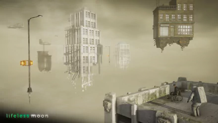 HD wallpaper featuring a surreal cityscape scene from the video game Lifeless Moon, with floating buildings and a foggy atmosphere.