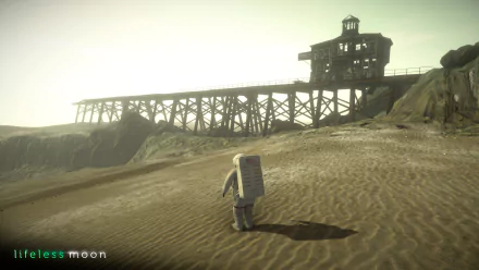 HD desktop wallpaper of Lifeless Moon video game showing a lone astronaut walking towards an abandoned structure.