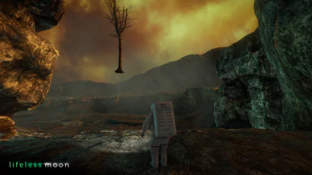 HD desktop wallpaper for the video game Lifeless Moon, featuring an astronaut exploring a rocky, alien landscape with a floating tree against a dramatic, cloudy sky.