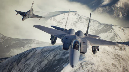 HD desktop wallpaper and background featuring jets soaring over snowy mountains from the video game Ace Combat 7: Skies Unknown.
