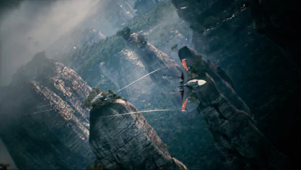 HD desktop wallpaper of Ace Combat 7: Skies Unknown, featuring a stunning aerial view with a fighter jet flying between rugged, towering rock formations and lush greenery under a cloudy sky.