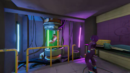 HD desktop wallpaper featuring an Anger Foot video game scene with a character observing a glowing, cylindrical containment unit in a futuristic setting.