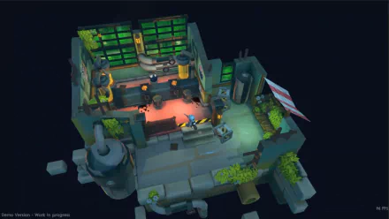 A high-definition desktop wallpaper featuring a scene from the video game DROS, depicting a detailed and vibrant interior environment with various mechanical and industrial elements.