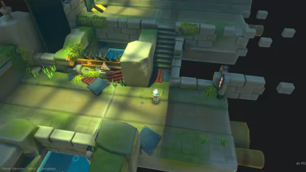 HD desktop wallpaper and background featuring a scene from the video game DROS, showcasing a small character exploring a colorful, tile-based platform environment with scattered greenery and structures.