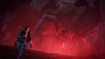 An HD desktop wallpaper featuring a scene from the video game Once Human, showing a figure facing a gigantic, eerie creature illuminated by red light in a dark, atmospheric environment.