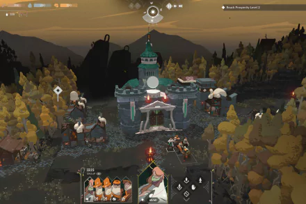 HD desktop wallpaper of the video game Cataclismo, depicting a fantasy settlement nestled in a forest with towering mountains in the background.