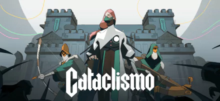HD desktop wallpaper and background featuring characters from the video game Cataclismo standing before a medieval castle.