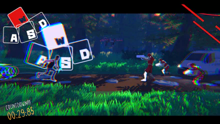 HD desktop wallpaper of the video game Aerial_Knight’s Never Yield, depicting a dynamic forest scene with a character running towards armed foes amid vibrant graphics and on-screen control prompts.