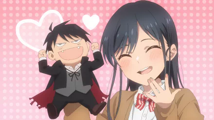 Anime-style 4K Ultra HD desktop wallpaper featuring Rin Nanakura in a cheerful pose with a smaller character in a vampire costume, set against a pink heart-patterned background.