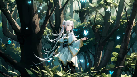 Frieren from Frieren: Beyond Journey's End stands in a sunlit forest surrounded by glowing blue butterflies, depicted in a detailed 4K Ultra HD PC desktop wallpaper.