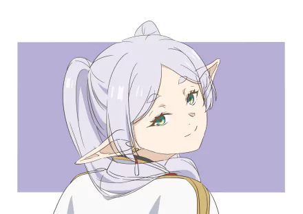 Anime HD PC wallpaper of Frieren from Frieren: Beyond Journey's End — close-up of the elf with white hair, green eyes, and pointed ears on a lavender background.
