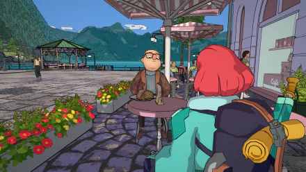 A HD desktop wallpaper of a scene from the video game Dungeons of Hinterberg, depicting characters at a café with colorful umbrellas, flowers, and a scenic mountainside lake in the background.
