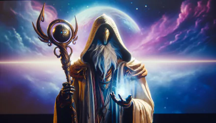 A mystical wizard in a flowing robe holds a glowing orb and staff, surrounded by a cosmic backdrop of swirling colors and celestial elements, creating an enchanting HD desktop wallpaper.