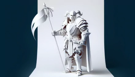 HD desktop wallpaper featuring a detailed paper sculpture of a medieval knight in white armor, holding a flag.