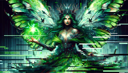 HD desktop wallpaper featuring a mystical fairy with vibrant green wings, holding a glowing orb, set against a dynamic, glitchy backdrop.