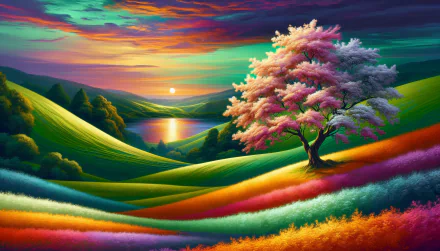 A vibrant HD desktop wallpaper featuring a vivid landscape with rolling hills, a colorful tree, and a radiant sunset over a peaceful lake, displaying an extensive color palette.