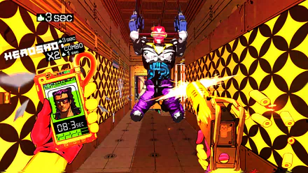 HD desktop wallpaper of the video game Mullet MadJack, featuring a vibrant, action-packed scene with a character in mid-air, futuristic weaponry, and a vivid, geometric background pattern.