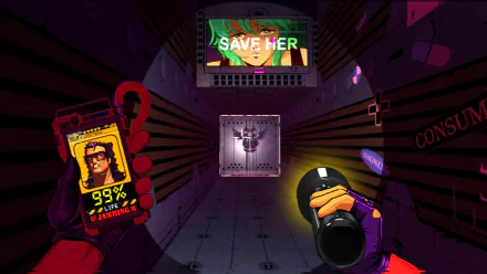 HD desktop wallpaper featuring a scene from the video game Mullet MadJack. The image shows a character holding a flashlight and device, with a screen above displaying SAVE HER.