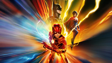 4K Ultra HD PC desktop wallpaper featuring The Flash (2023) with dynamic speed trails and vibrant colors highlighting Flash, Batman, and a supporting character.