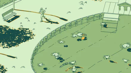 HD desktop wallpaper from the video game SCHiM, featuring a stylized green landscape with people and animals in a fenced area.
