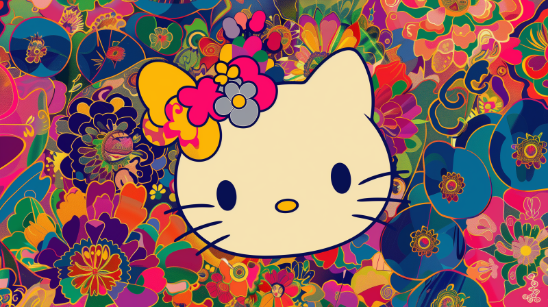 {{ HD anime wallpaper featuring Hello Kitty against a vibrant, psychedelic floral background, blending whimsical charm with colorful artistry. 