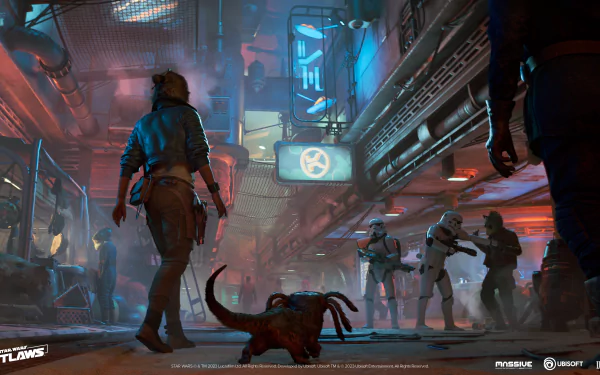 HD desktop wallpaper for the video game Star Wars Outlaws, featuring a scene in a crowded, neon-lit alley with a character facing away, observing Stormtroopers, and various alien species present.
