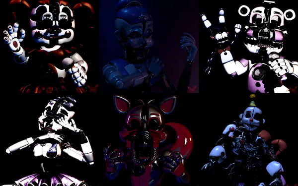 8K Ultra HD PC desktop wallpaper of Ennard and Funtime Freddy from Five Nights at Freddy's: Sister Location — dark, eerie animatronic collage from the video game.