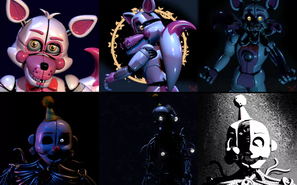 High-resolution 8K Ultra HD wallpaper featuring Ennard and Funtime Foxy from Five Nights at Freddy's: Sister Location, showcasing detailed animatronic designs.