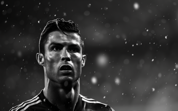 HD black and white desktop wallpaper featuring a soccer player in a focused pose with a bokeh effect in the background.