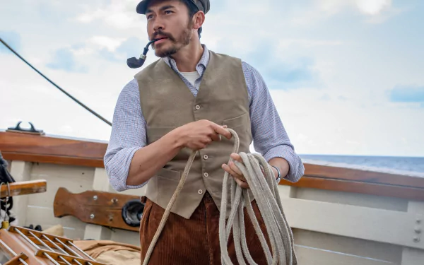 HD desktop wallpaper depicting a scene from The Ministry of Ungentlemanly Warfare featuring a man dressed in historical attire with a waistcoat and a cap, standing on the deck of a ship, holding a rope.