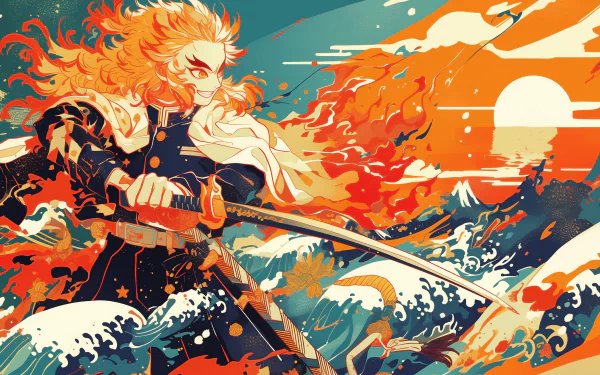 Anime HD desktop wallpaper featuring Kyojuro Rengoku from Demon Slayer: Kimetsu no Yaiba, stylized with vibrant Japanese themes.