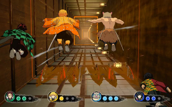 HD desktop wallpaper of the video game Demon Slayer -Kimetsu no Yaiba- Sweep the Board! featuring characters in a corridor ready for action with a display of health and skill bars at the bottom of the image.